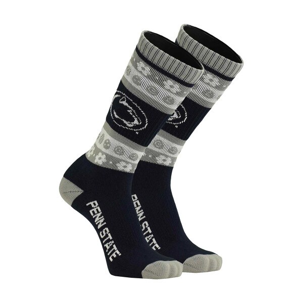 navy, gray, and white socks with Easter eggs, Penn State, and Athletic Logos